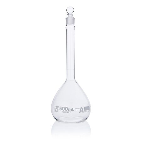 GLOBE SCIENTIFIC Flask, Volumetric , Globe Glass, 500mL, Class A, To Contain (TC), ASTM E288, 6/Box 8200500